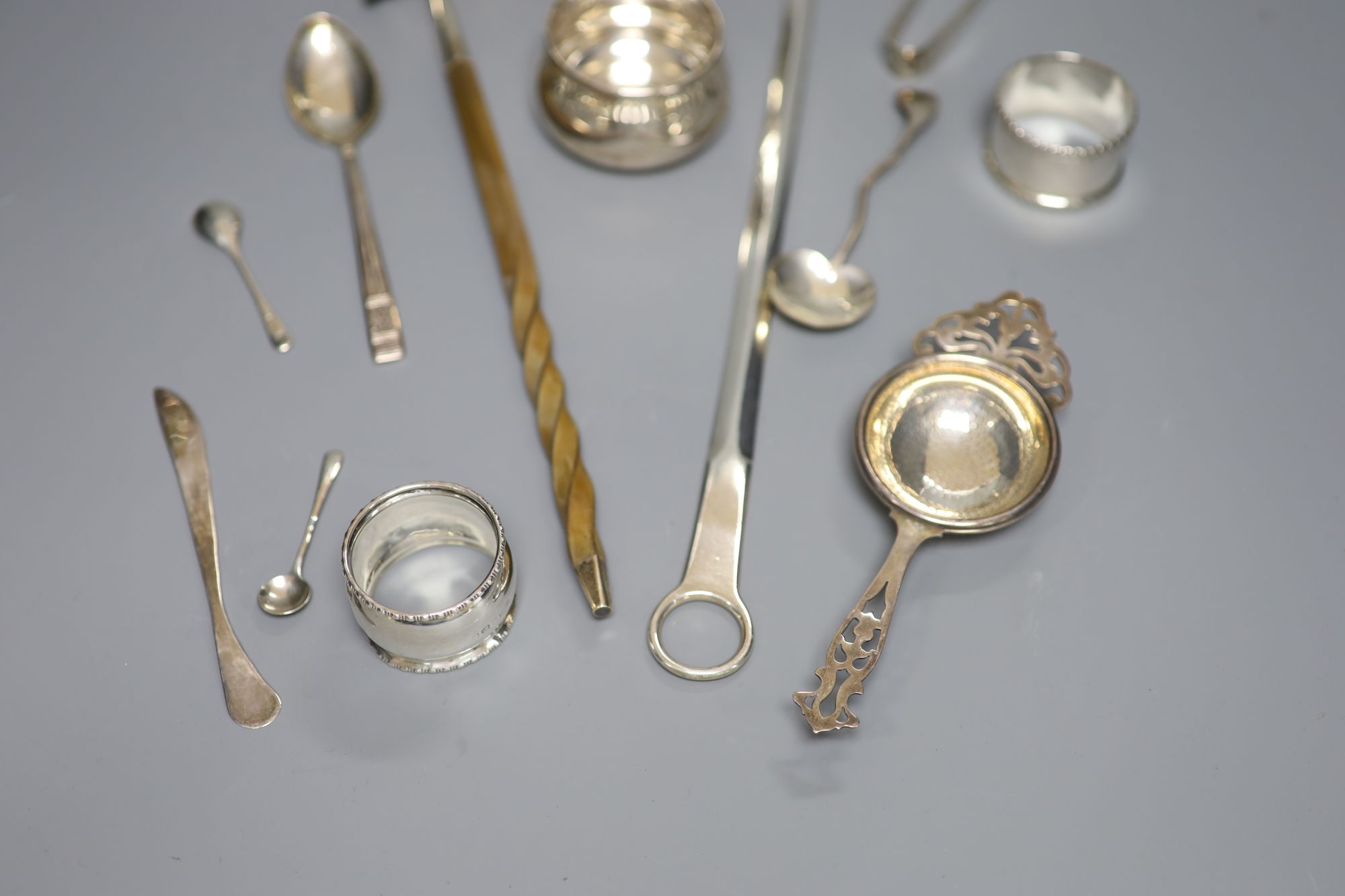 A George III silver meat skewer, Mary & Elizabeth Sumner, London, 1809, a George V silver sugar caster, 21.4cm & other small silver.